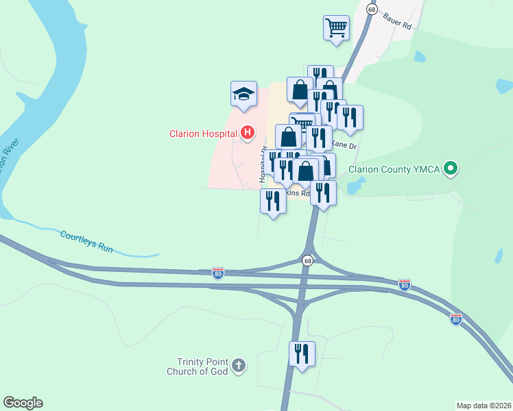 map of restaurants, bars, coffee shops, grocery stores, and more near 241 T-790 in Clarion