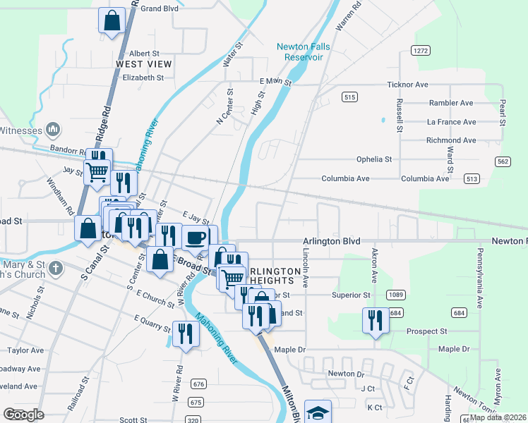 map of restaurants, bars, coffee shops, grocery stores, and more near 239 Riverview Avenue in Newton Falls