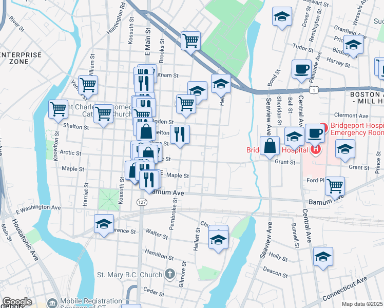 map of restaurants, bars, coffee shops, grocery stores, and more near 665 Arctic Street in Bridgeport