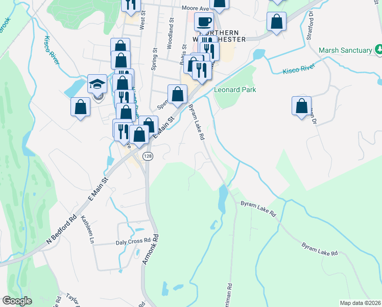 map of restaurants, bars, coffee shops, grocery stores, and more near 80 Byram Lake Road in Mount Kisco