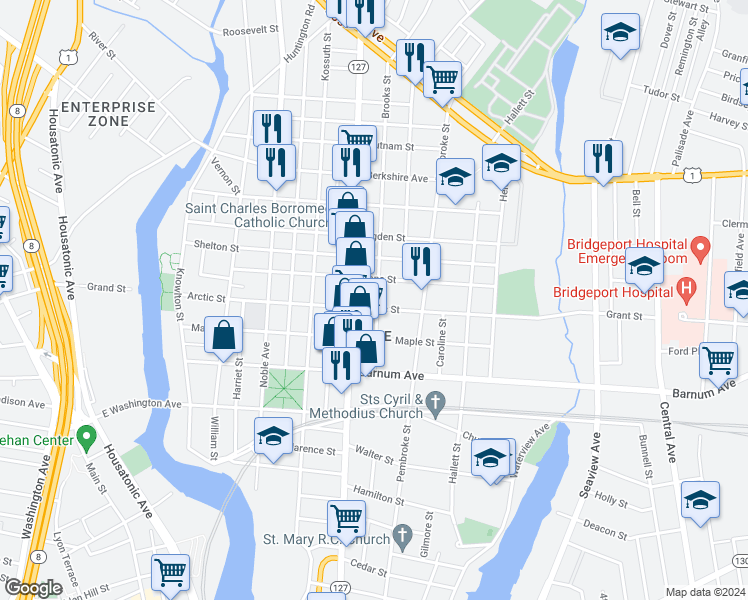 map of restaurants, bars, coffee shops, grocery stores, and more near 245 Brooks Street in Bridgeport