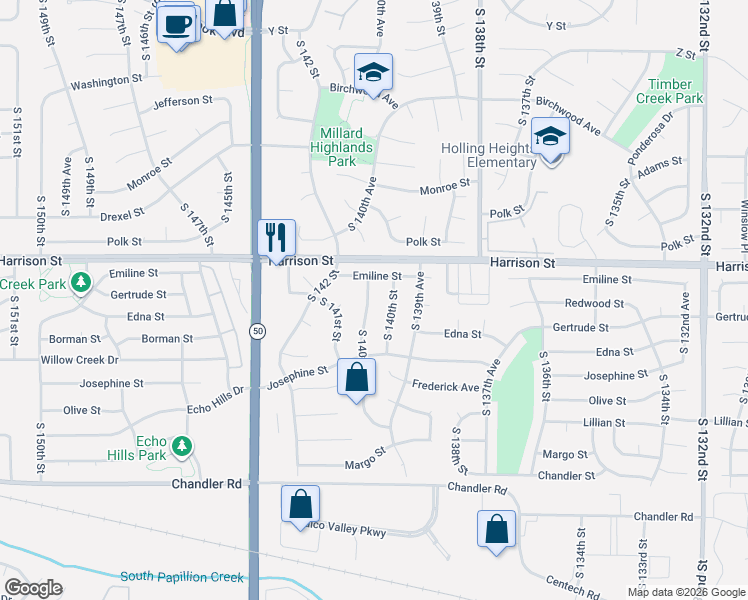 map of restaurants, bars, coffee shops, grocery stores, and more near 7001 South 140th Avenue in Omaha