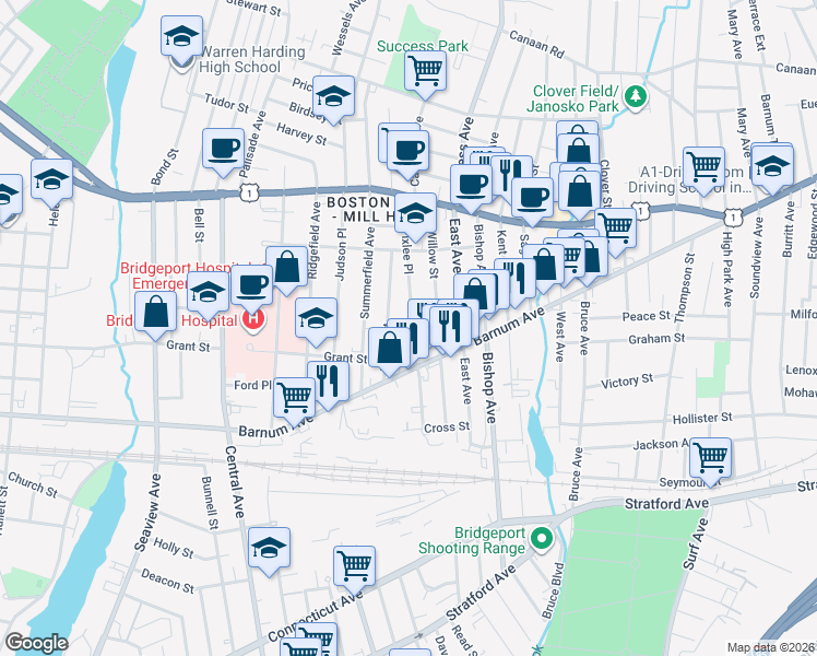 map of restaurants, bars, coffee shops, grocery stores, and more near 162 Prince Street in Bridgeport