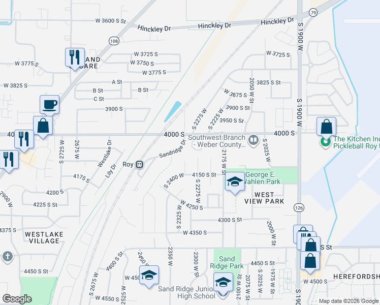 map of restaurants, bars, coffee shops, grocery stores, and more near 4046 Sandridge Drive in Roy