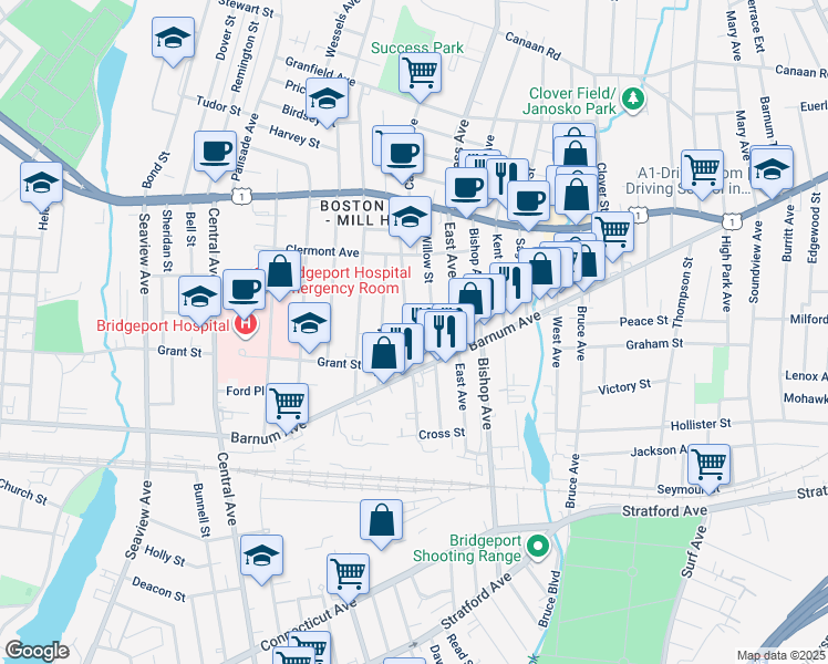map of restaurants, bars, coffee shops, grocery stores, and more near 259 Willow Street in Bridgeport