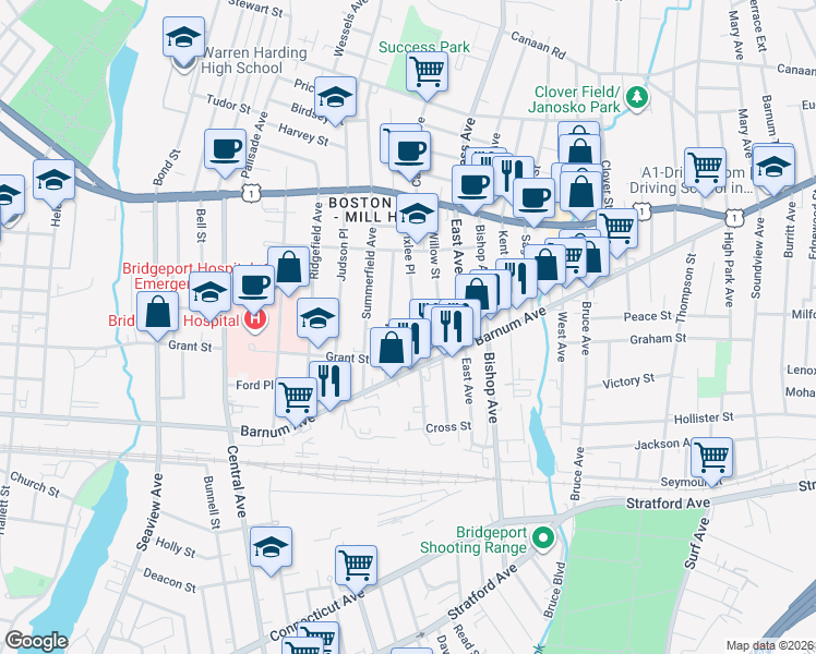map of restaurants, bars, coffee shops, grocery stores, and more near 162 Prince Street in Bridgeport