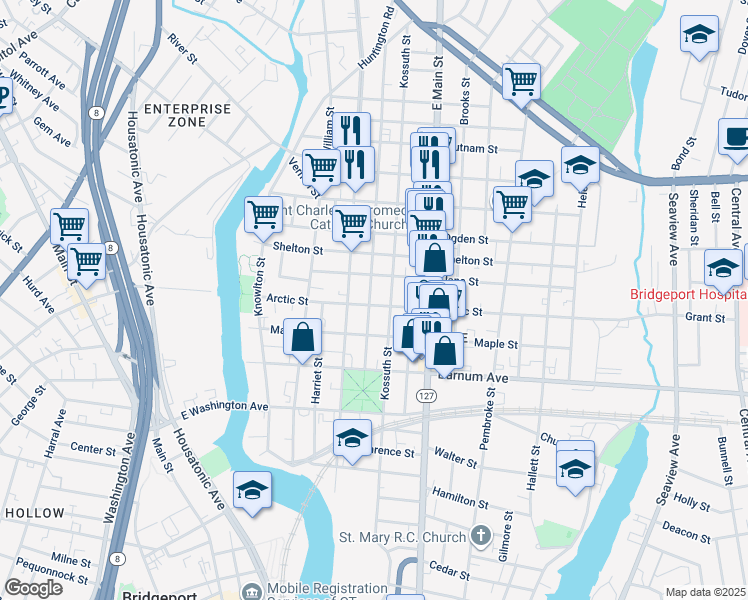 map of restaurants, bars, coffee shops, grocery stores, and more near 189 Park Street in Bridgeport