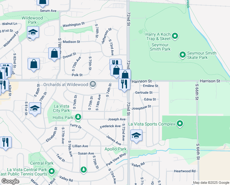 map of restaurants, bars, coffee shops, grocery stores, and more near 7005 South 74th Street in La Vista