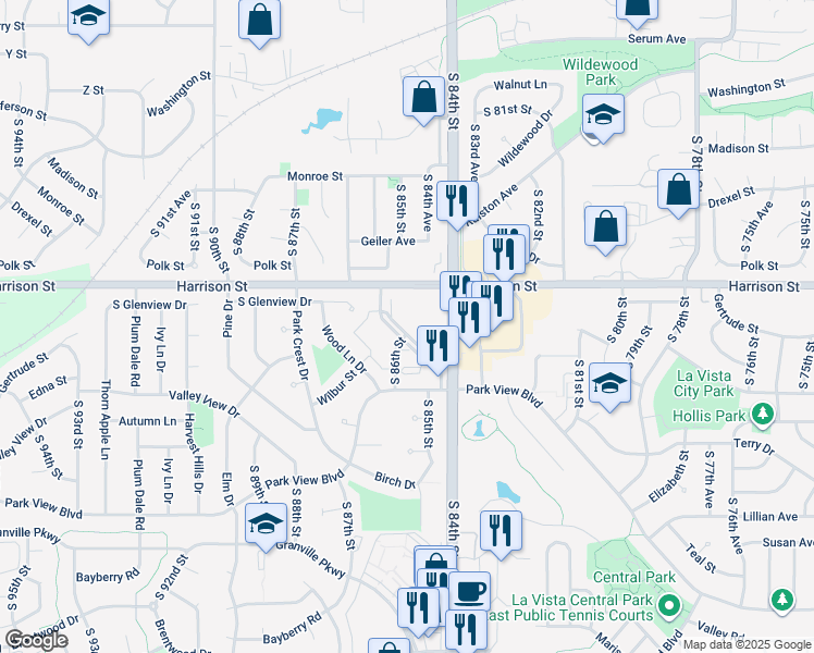 map of restaurants, bars, coffee shops, grocery stores, and more near 8554 Plaza Boulevard in La Vista