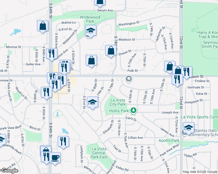 map of restaurants, bars, coffee shops, grocery stores, and more near 7805 Emiline Street in La Vista
