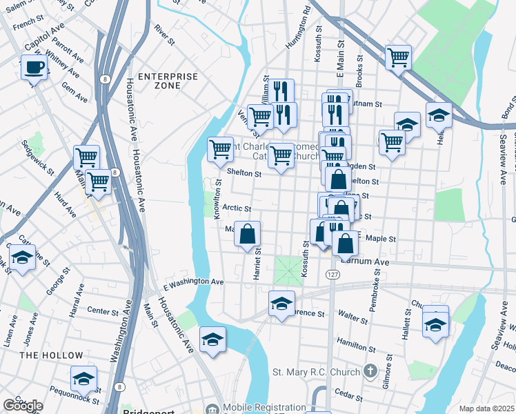 map of restaurants, bars, coffee shops, grocery stores, and more near 6 William Place in Bridgeport