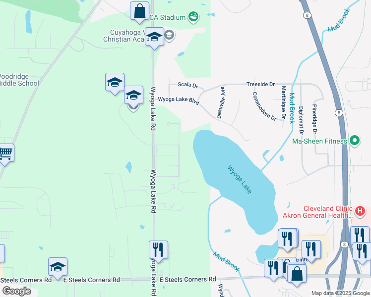 map of restaurants, bars, coffee shops, grocery stores, and more near 4235 Americana Drive in Stow