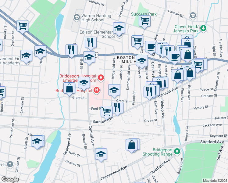 map of restaurants, bars, coffee shops, grocery stores, and more near 236 Ridgefield Avenue in Bridgeport