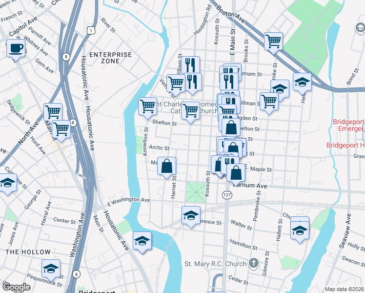 map of restaurants, bars, coffee shops, grocery stores, and more near 6 William Place in Bridgeport