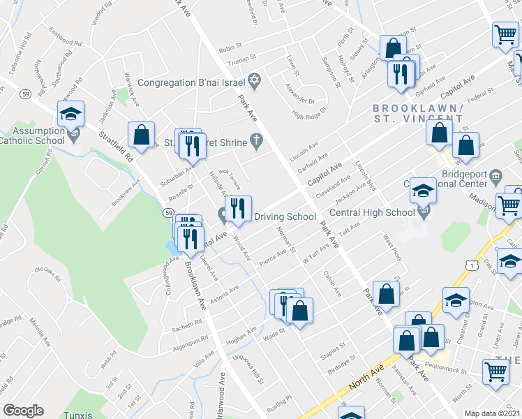 map of restaurants, bars, coffee shops, grocery stores, and more near 1435 Capitol Avenue in Bridgeport