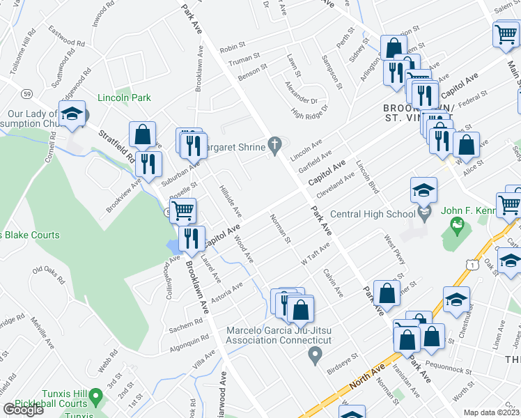 map of restaurants, bars, coffee shops, grocery stores, and more near 1435 Capitol Avenue in Bridgeport