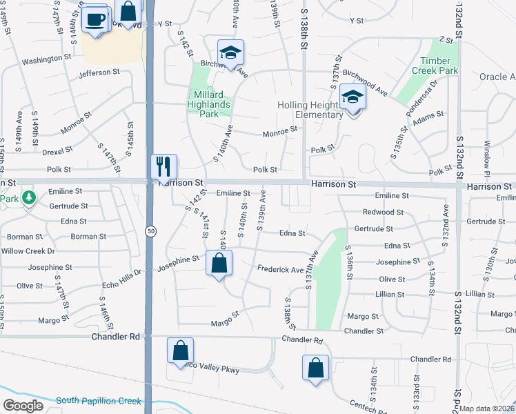 map of restaurants, bars, coffee shops, grocery stores, and more near 7002 South 139th Avenue in Omaha