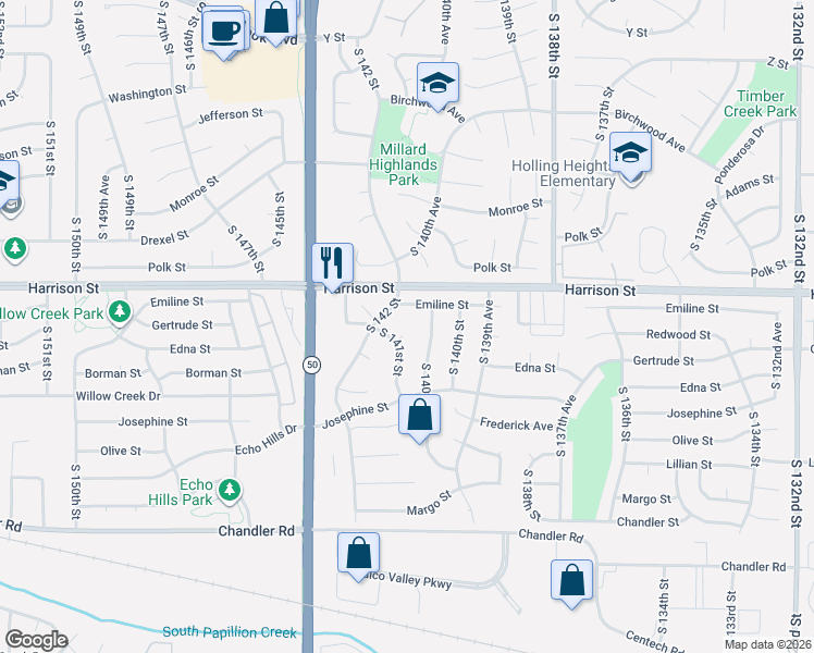 map of restaurants, bars, coffee shops, grocery stores, and more near 14107 Emiline Street in Omaha