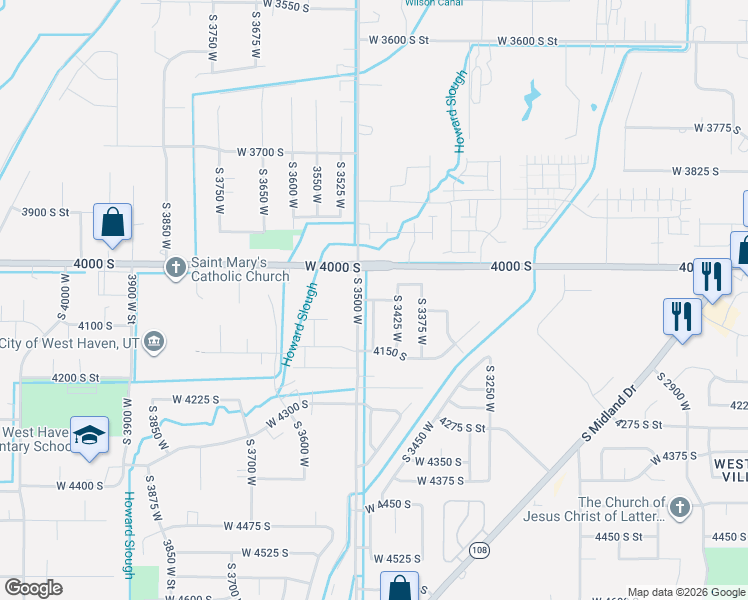 map of restaurants, bars, coffee shops, grocery stores, and more near West 4050 South in West Haven