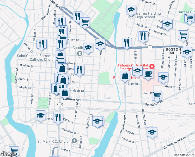 map of restaurants, bars, coffee shops, grocery stores, and more near 237 Helen Street in Bridgeport