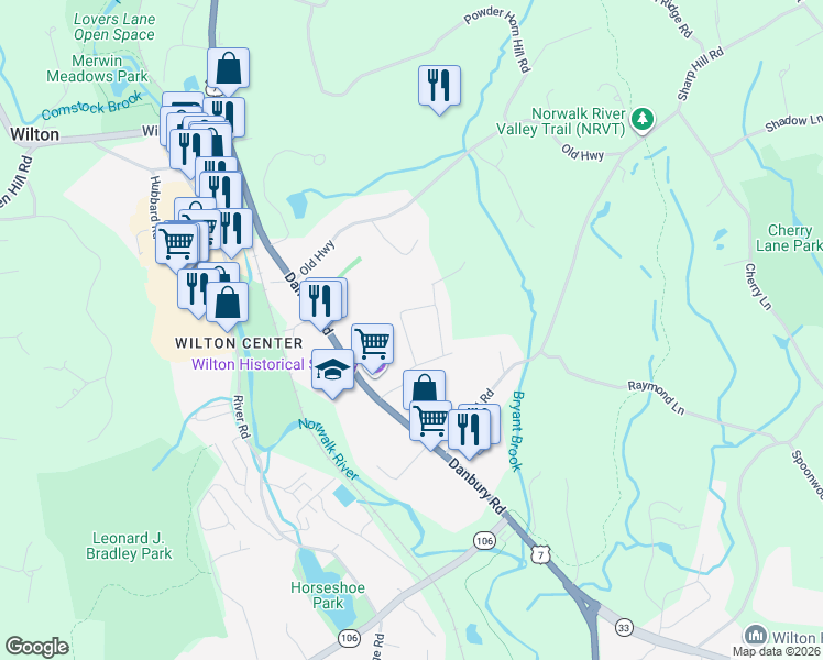 map of restaurants, bars, coffee shops, grocery stores, and more near 8 Evergreen Avenue in Wilton