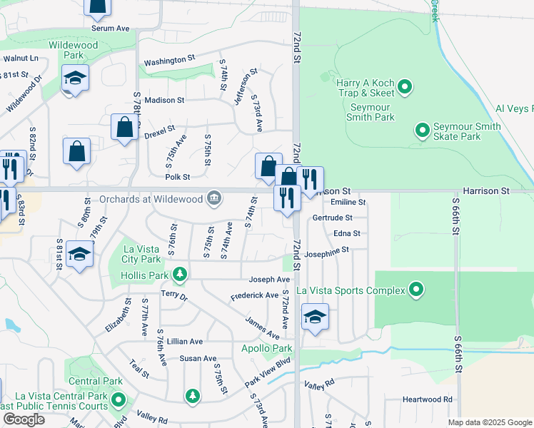 map of restaurants, bars, coffee shops, grocery stores, and more near 7005 South 74th Street in La Vista