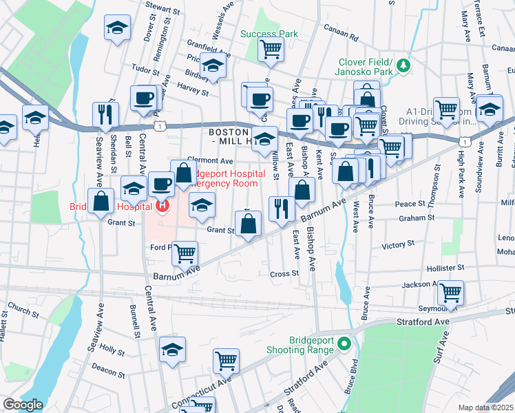 map of restaurants, bars, coffee shops, grocery stores, and more near 146 Prince Street in Bridgeport