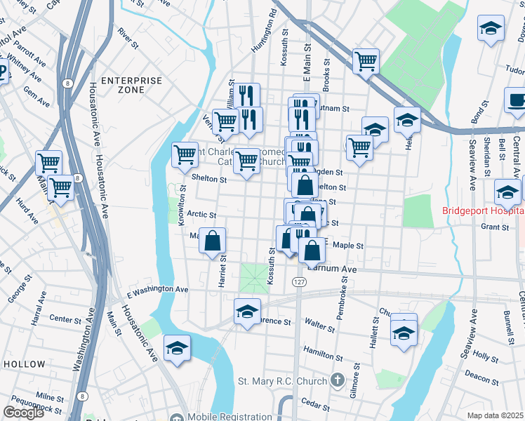map of restaurants, bars, coffee shops, grocery stores, and more near 189 Park Street in Bridgeport