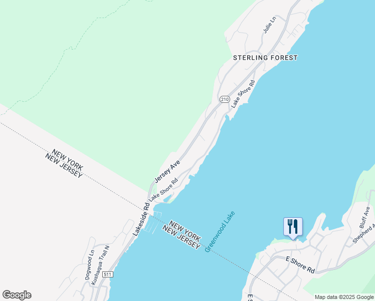 map of restaurants, bars, coffee shops, grocery stores, and more near 73 Jersey Avenue in Greenwood Lake