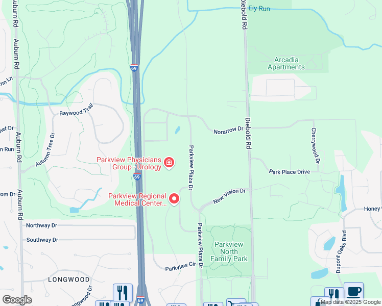 map of restaurants, bars, coffee shops, grocery stores, and more near 11143 Parkview Plaza Drive in Fort Wayne