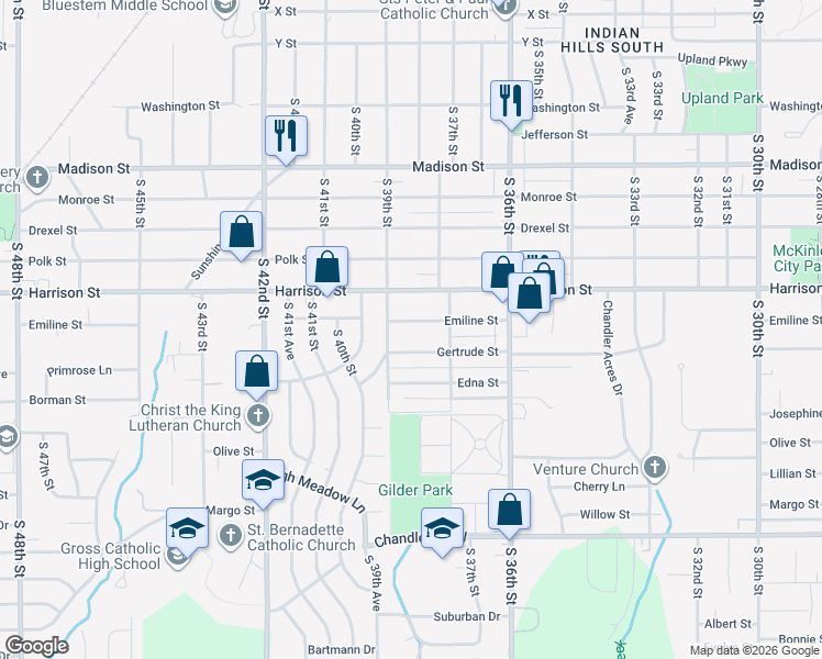 map of restaurants, bars, coffee shops, grocery stores, and more near 3822 Emiline Street in Bellevue
