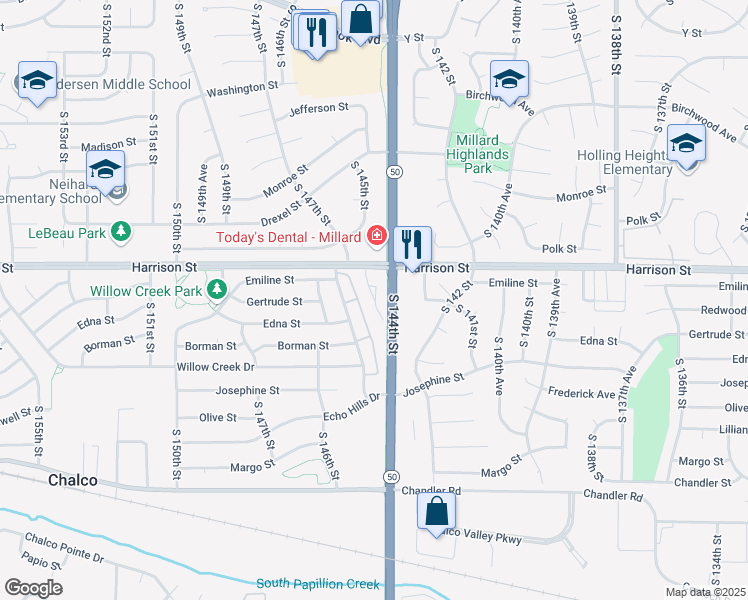 map of restaurants, bars, coffee shops, grocery stores, and more near 14455 Harrison Street in Omaha
