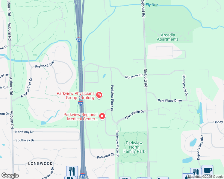 map of restaurants, bars, coffee shops, grocery stores, and more near 11130 Parkview Plaza Drive in Fort Wayne