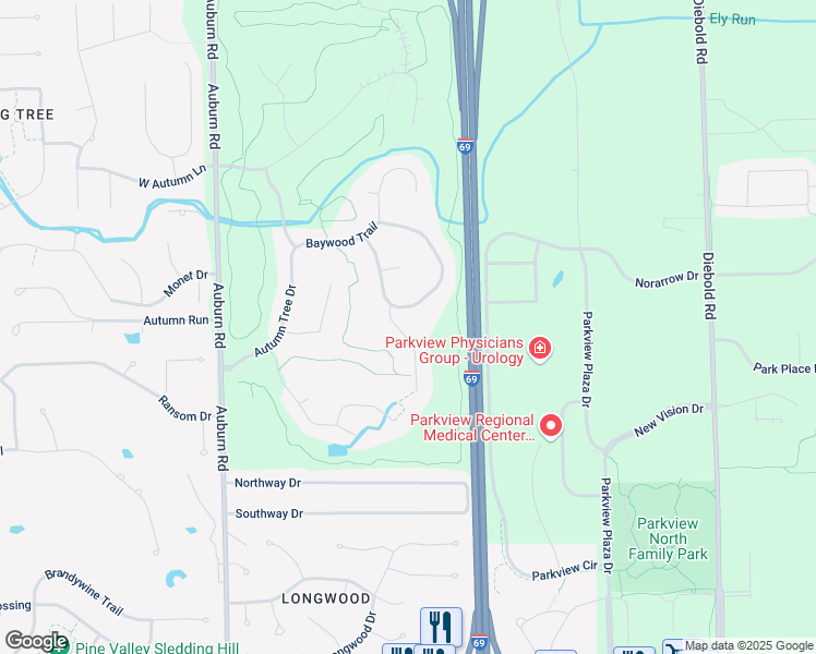 map of restaurants, bars, coffee shops, grocery stores, and more near 11608 Linden Grove Drive in Fort Wayne