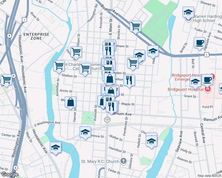 map of restaurants, bars, coffee shops, grocery stores, and more near 1126 East Main Street in Bridgeport