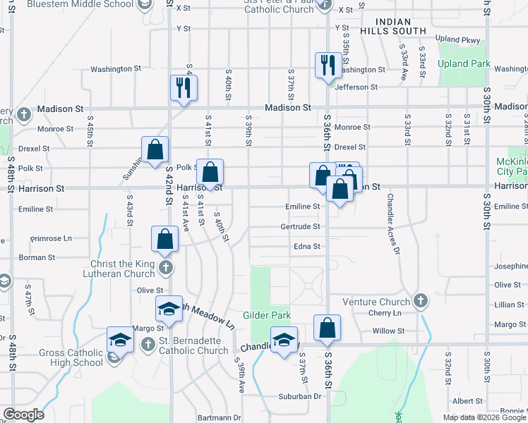 map of restaurants, bars, coffee shops, grocery stores, and more near 3822 Emiline Street in Bellevue