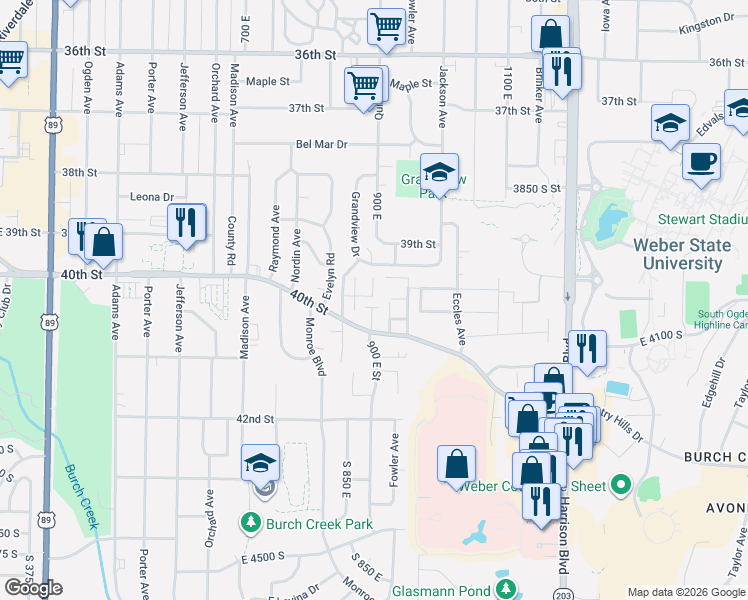 map of restaurants, bars, coffee shops, grocery stores, and more near East 40th Street South in Ogden