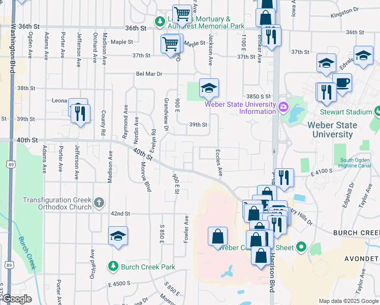 map of restaurants, bars, coffee shops, grocery stores, and more near East 40th Street South in Ogden