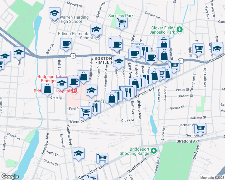 map of restaurants, bars, coffee shops, grocery stores, and more near 146 Prince Street in Bridgeport