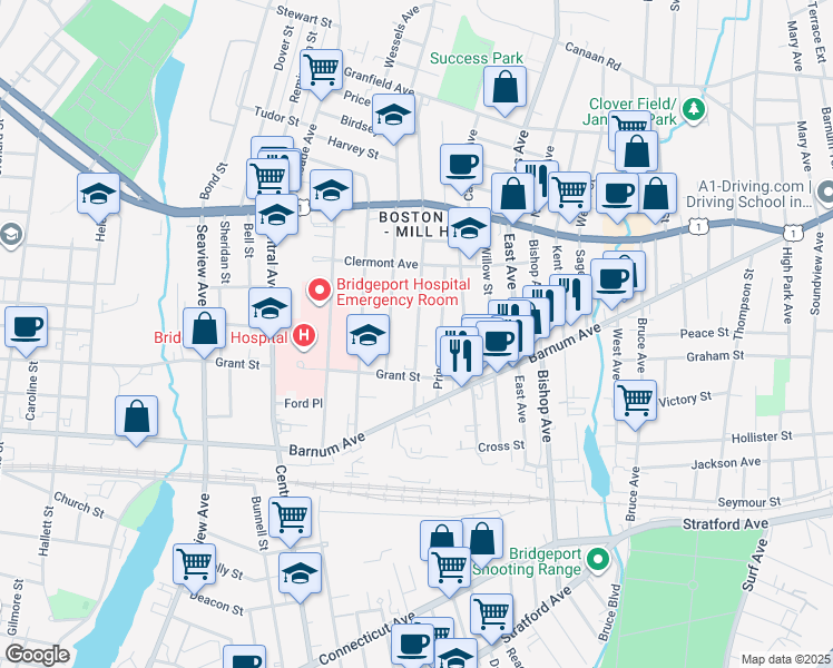 map of restaurants, bars, coffee shops, grocery stores, and more near 94 Judson Place in Bridgeport