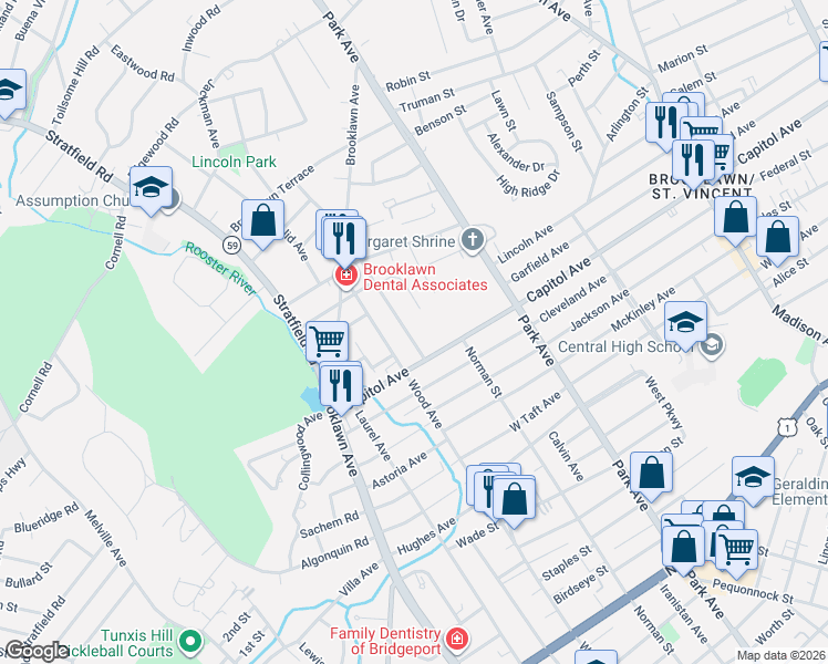 map of restaurants, bars, coffee shops, grocery stores, and more near 54 Hillside Avenue in Bridgeport