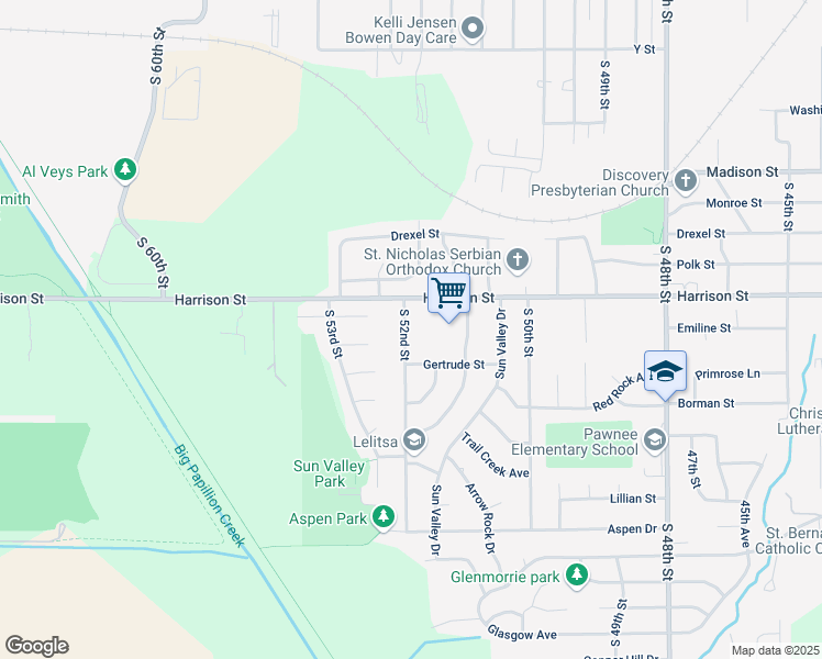 map of restaurants, bars, coffee shops, grocery stores, and more near 6914 South 52nd Street in Omaha