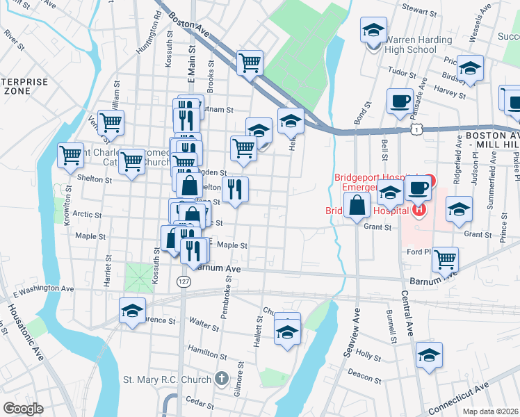 map of restaurants, bars, coffee shops, grocery stores, and more near 547 Jane Street in Bridgeport
