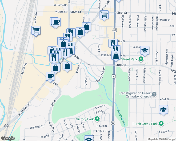 map of restaurants, bars, coffee shops, grocery stores, and more near 201 Country Club Drive in Ogden