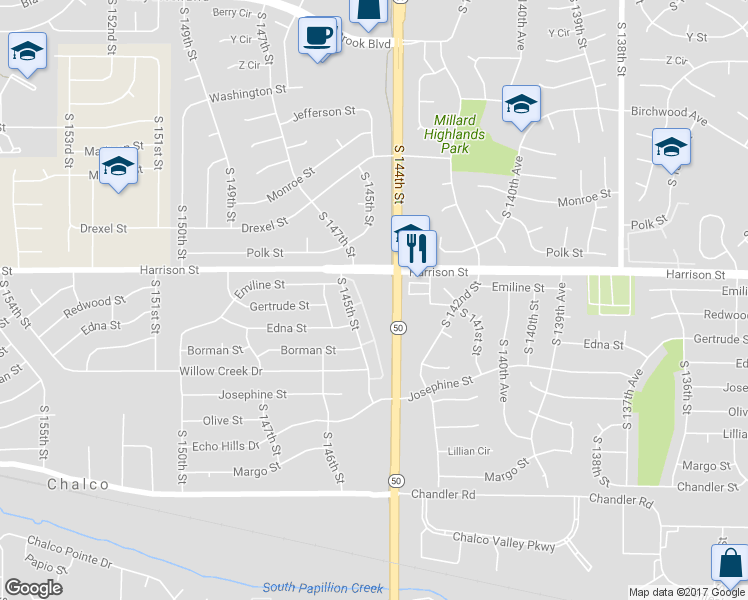 map of restaurants, bars, coffee shops, grocery stores, and more near 14455 Harrison Street in Omaha