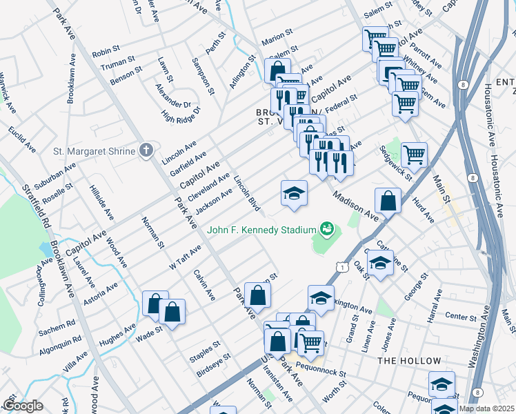 map of restaurants, bars, coffee shops, grocery stores, and more near 1 Lincoln Boulevard in Bridgeport