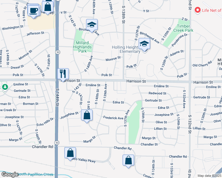 map of restaurants, bars, coffee shops, grocery stores, and more near 13905 Emiline Street in Omaha