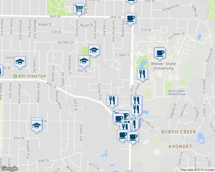 map of restaurants, bars, coffee shops, grocery stores, and more near 1085 40th Street in Ogden
