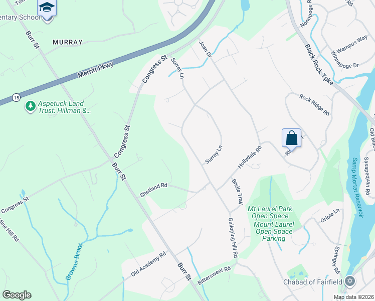 map of restaurants, bars, coffee shops, grocery stores, and more near 1061 Galloping Hill Road in Fairfield