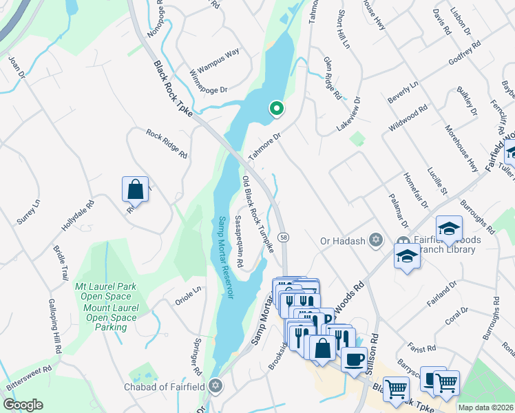 map of restaurants, bars, coffee shops, grocery stores, and more near 220 Old Black Rock Turnpike in Fairfield